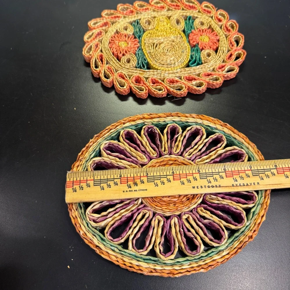 Vintage Trivet Set Home Decor Multicolor Boho Straw Woven Floral Fruit 2pc